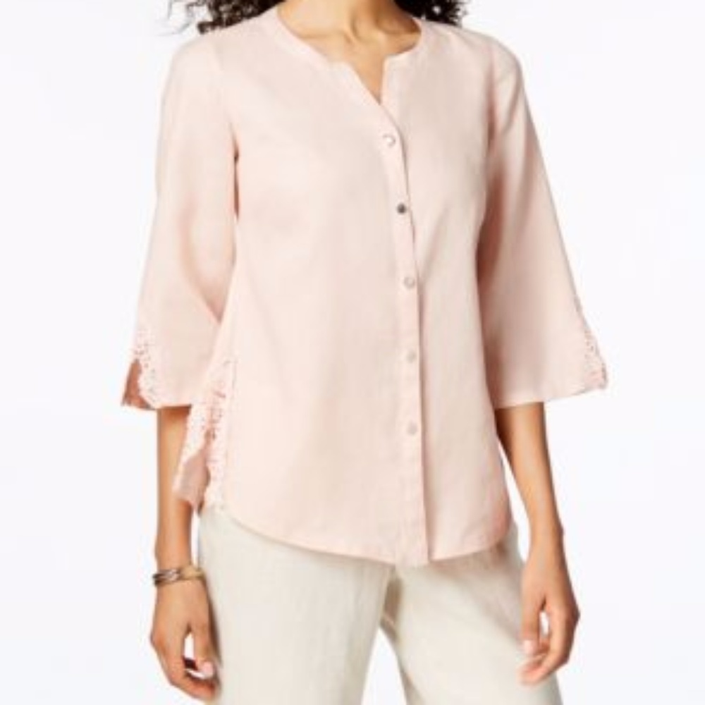 JM Collection Linen Crochet-Contrast Shirt Flax 12